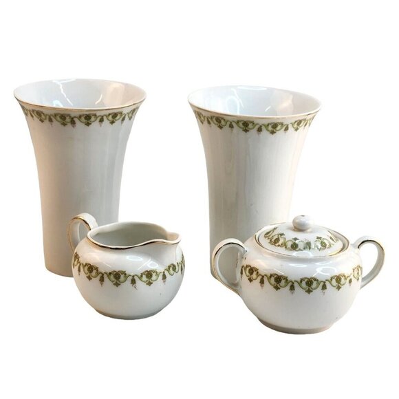 VTG Victoria Austria Green Floral Pattern  Gold edging sugar & creamer set with - Picture 2 of 16